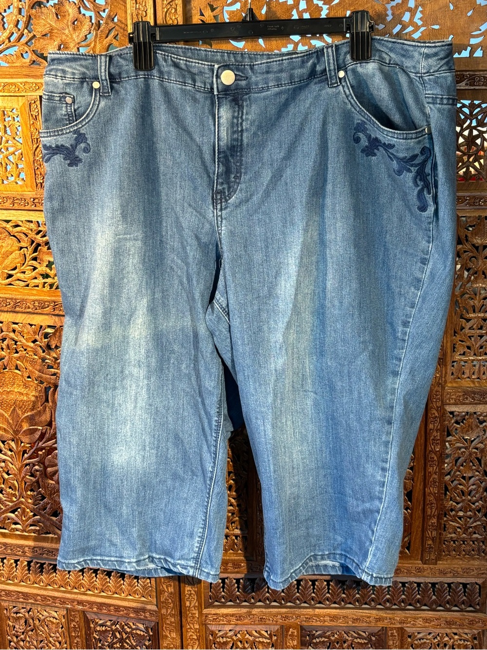 CJ Banks Blue Denim Cropped Jeans with Navy Embroidery